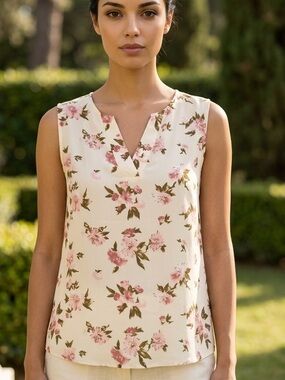 HARVE BENARD Floral Sleeveless Blouse White Pink Cottagecore Boho VNeck Top SZ L